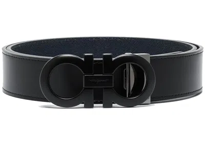Pre-owned Ferragamo Reversible And Adjustable Gancini Belt Grained In Black/navy Blue