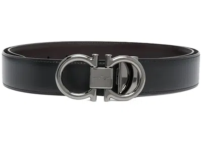 Pre-owned Ferragamo Reversible And Adjustable Gancini Belt In Black/silver