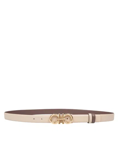 Ferragamo Reversible And Adjustable Gancini Belt In Leather In Stone