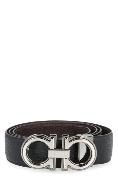 Ferragamo Reversible Leather Gancini Hook Belt 3.5 Cm In Black