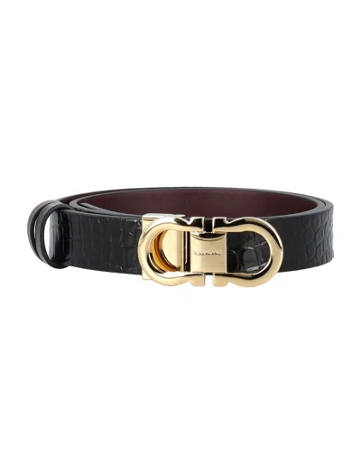 Ferragamo Reversible And Adjustable Gancini Belt In Nero- || Dark Barolo