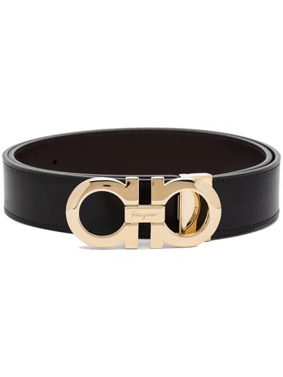 Pre-owned Ferragamo Reversible And Adjustable Gancini Belt Polished In Black/gold
