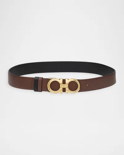 Ferragamo Reversible And Adjustable Leather Gancini Belt In Cocoa Brwn