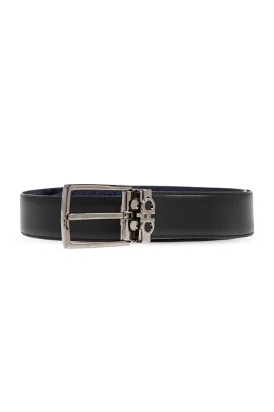 Ferragamo Gancini Monogram Reversible Belt In Black