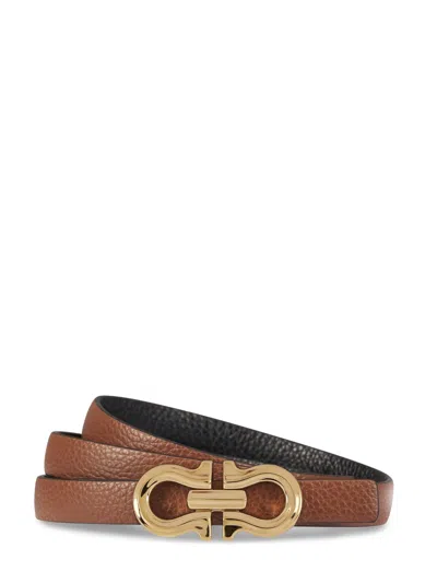 Ferragamo Reversible Cognac And Black Belt With Distinctive Gold Buckle In Brown