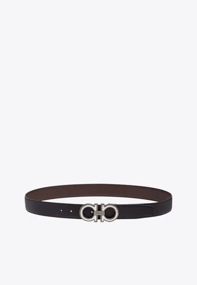 Ferragamo Reversible Embossed Gancini Leather Belt In Black
