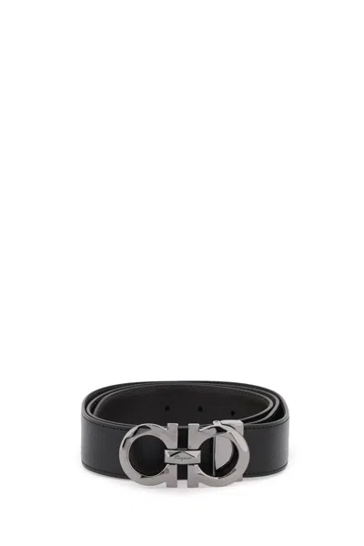 Ferragamo Reversible Faceted Gancini Buckle Belt In Nero