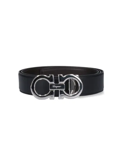 Ferragamo Textured Calf Leather Belt With Interlocking Metallic Buckle In Black
