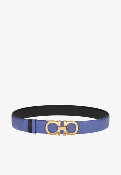Ferragamo Reversible Gancini Belt In Calf Leather In Blue