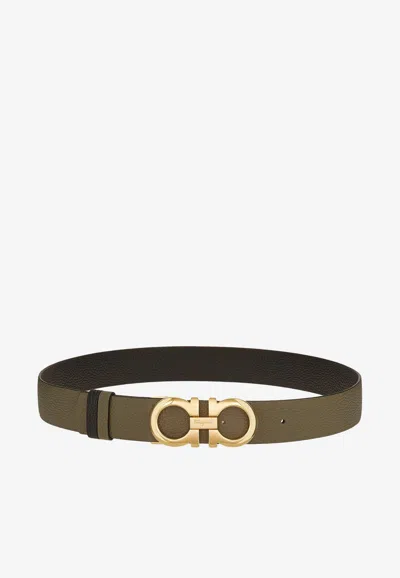 Ferragamo Reversible Gancini Belt In Calf Leather In Khaki