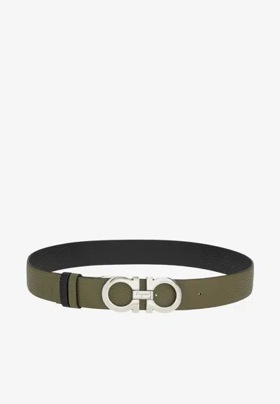 Ferragamo Reversible Gancini Belt In Calf Leather In Olive