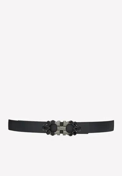 Ferragamo Reversible Gancini Belt With Crystal Trim In Black