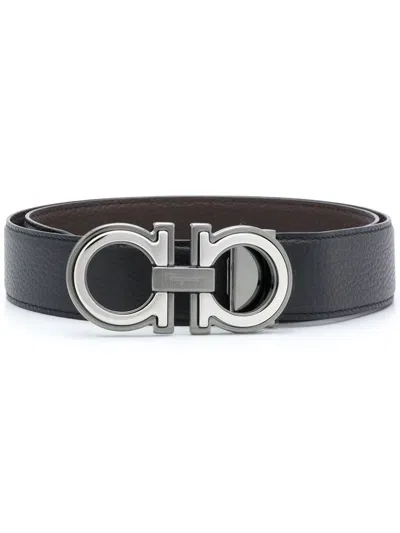 Ferragamo Elegant Reversible Leather Belt With Metallic Buckle In Black