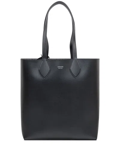 Ferragamo Reversible Hammered Calfskin Tote In Black