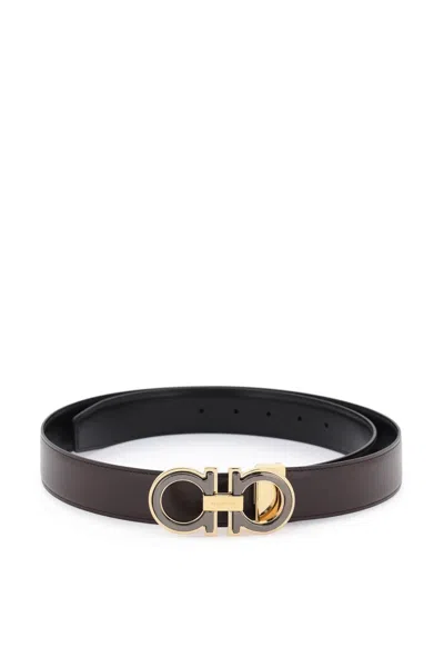 Ferragamo Reversible Gancini Belt In Black,brown