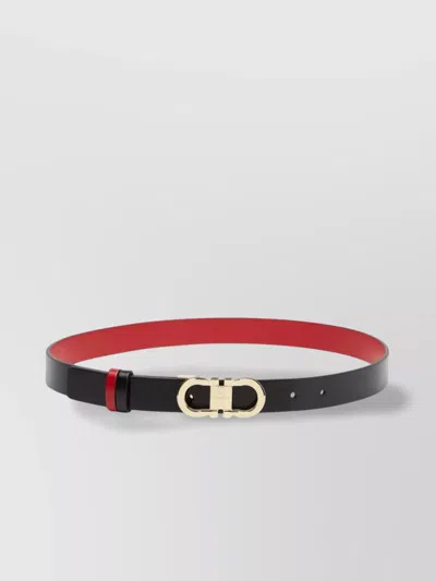 Ferragamo Reversible Leather Belt With Gold-tone Double Gancini Buckle In Black