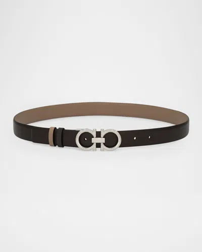 Ferragamo Reversible Leather Hammered Gancini Belt In Black