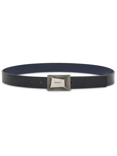 Ferragamo Reversible Logo-engraved Leather Belt In Blue