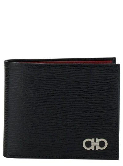 Ferragamo Revival Gancini Black Wallet In Textured Leather