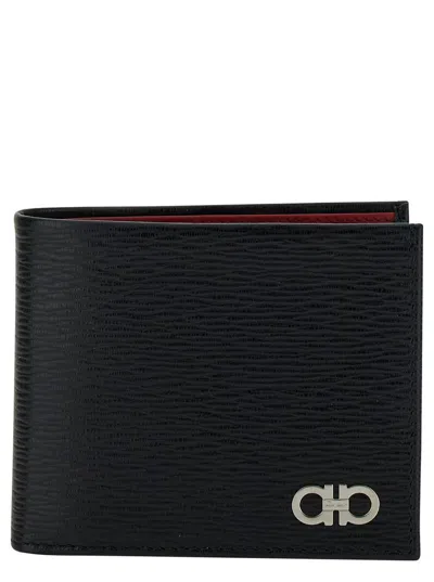 Ferragamo Revival Gancini Black Wallet In Textured Leather Man Salvatore