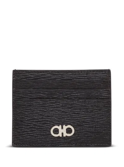Ferragamo Revival Gancini Hook Cardholder With Mini Front Buckle, Calf Leather In Black