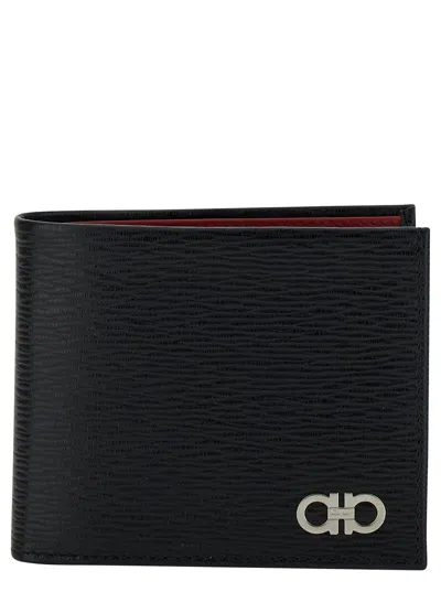 Ferragamo Revival Gancini Hook Mini Wallet With Double-hook Detail In Grained Calf Leather In Black