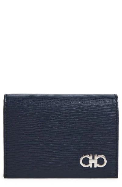 Ferragamo Revival Hammered Leather Bifold Card Holder In Blue