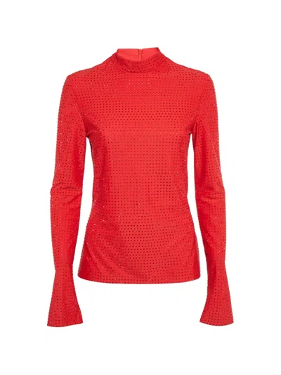 Pre-owned Ferragamo Rhinestone-embellished Long-sleeve Top In Red