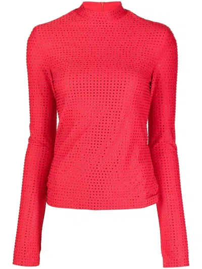 Ferragamo Rhinestone-embellished Long-sleeved Top In Red