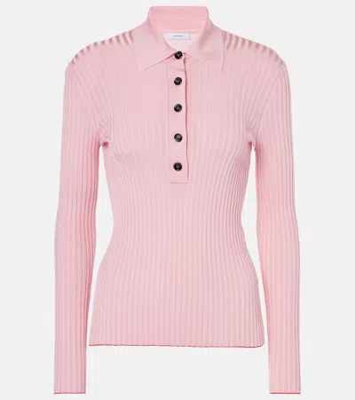 Ferragamo Long Sleeved Ribbed Knit Polo Top In White