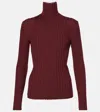 Ferragamo Wool Rib Turtleneck Sweater In Burgund