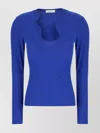 Ferragamo Ribbed Texture Long Sleeves Unique Neckline Top In Blue