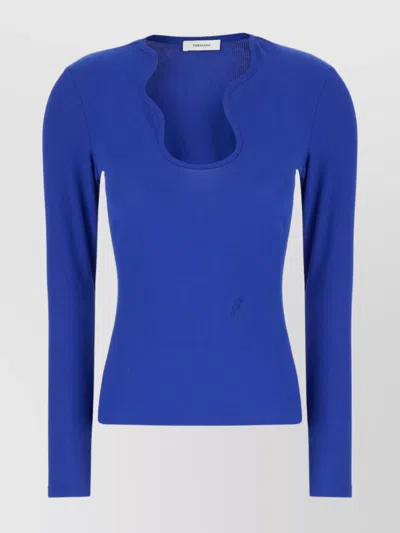 Ferragamo Ribbed Texture Long Sleeves Unique Neckline Top In Blue