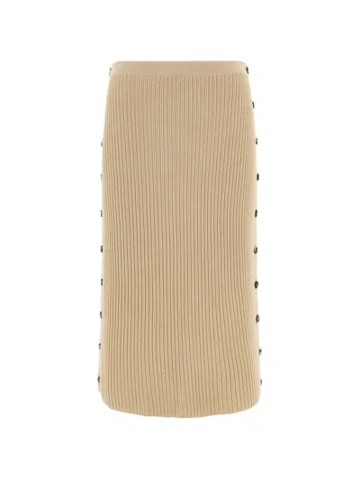 Ferragamo Ribbed-knit Button-detail Midi Skirt In Brown