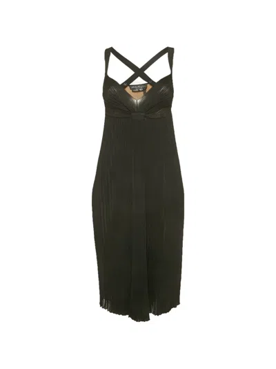 Pre-owned Ferragamo Ribbed-knit Crossover-strap Dress In Black