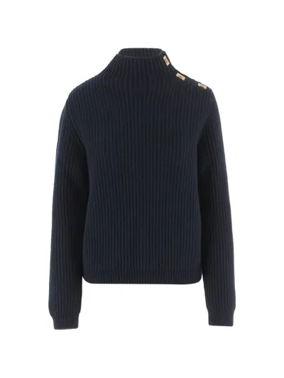 Ferragamo Ribbed-knit Gancini-plaque Sweater In Blue