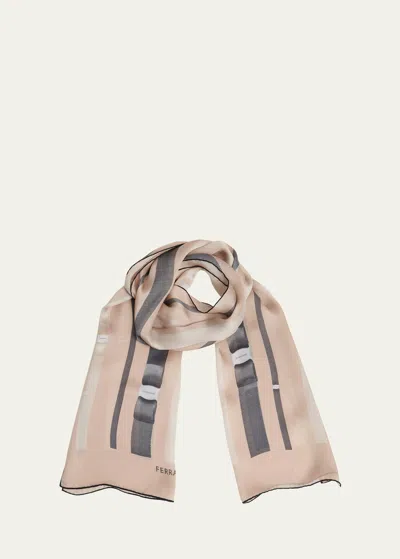 Ferragamo Ribbon Print Silk Scarf In Neutral