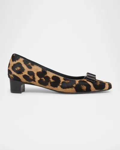Ferragamo Rirri Leopard Bow Ballerina Pumps In Black