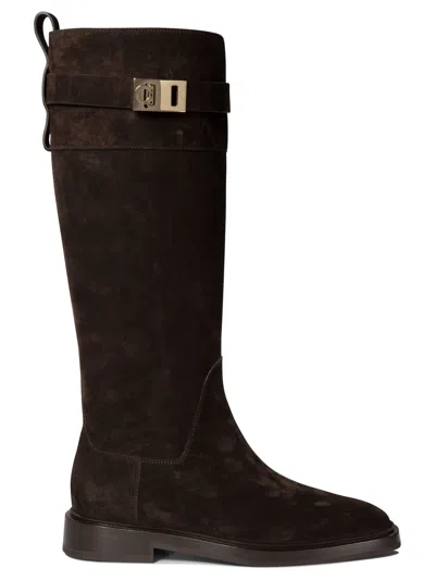 Ferragamo Elegant Roly Riding Boots With Gancini Buckle Detail In Black
