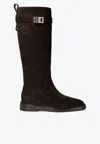Ferragamo Tall Square-toe Boots Gold Hardware In Brown