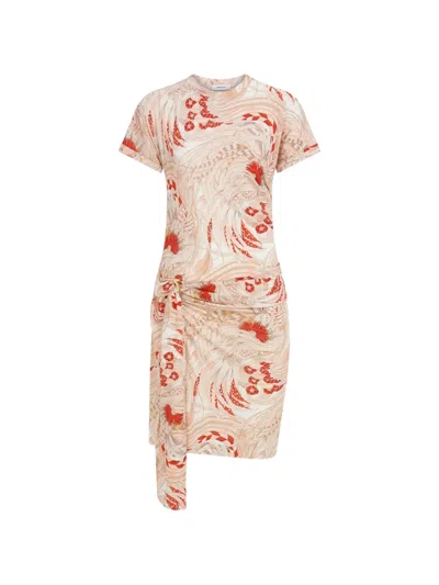 Ferragamo Rooster Print Draped Dress In Neutrals