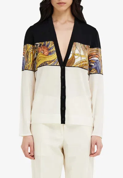 Ferragamo Rooster Print Inserts Wool Cardigan In White