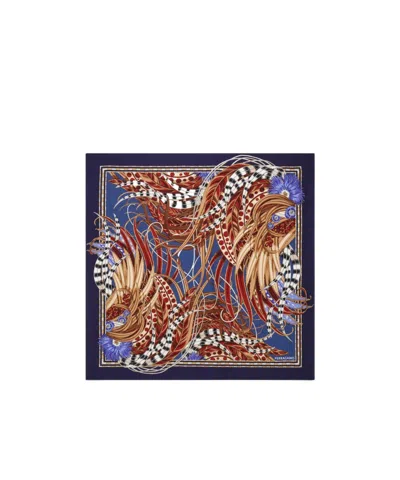 Ferragamo Rooster Print Silk Scarf In Blue