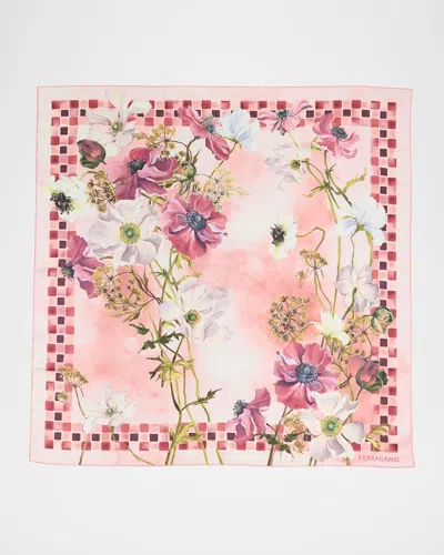 FERRAGAMO ROSA FLOWER PRINT SILK FOULARD SCARF