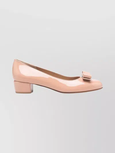 Ferragamo Round Toe Low Block Heel Patent Pumps In Pink