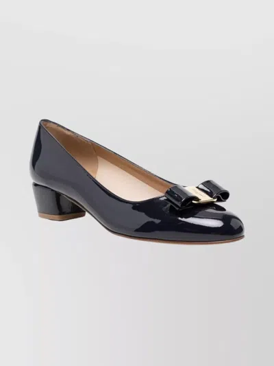 Ferragamo Round Toe Low Block Heel Patent Pumps In Black