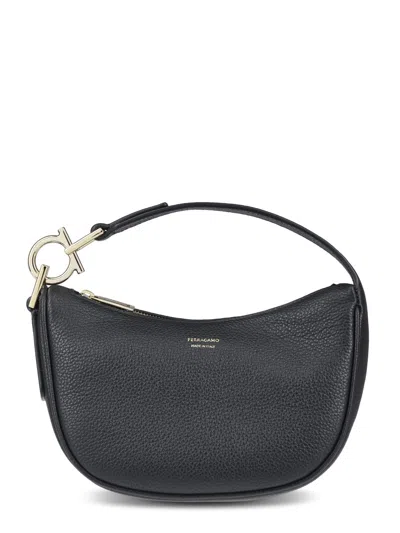 Ferragamo Rounded Black Leather Bag With Gold-tone Accents In Gray