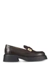Ferragamo Rounded Toe Flat Shoes With Decorative Buckle And Block Heel In Brown