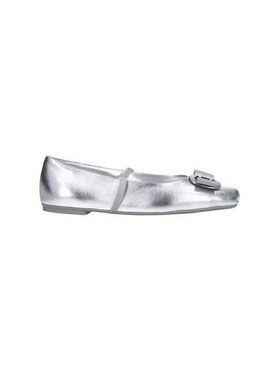 Ferragamo Rounded Toe Metallic Silver Flat Shoes In Gray