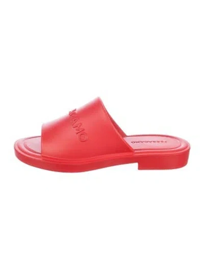 Pre-owned Ferragamo Rubber Fur Trim Slides W/ Tags In Red
